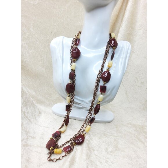 Vintage Long Brown & Yellow Beaded Necklace With Chunky Geometric Beads On Doubl - Picture 3 of 4